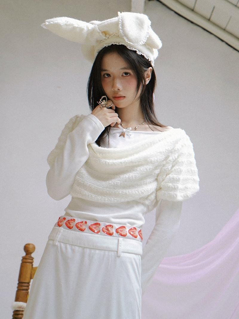 Daytoday White Bow Drape Collar Knit Faux Layered Puff Women&
