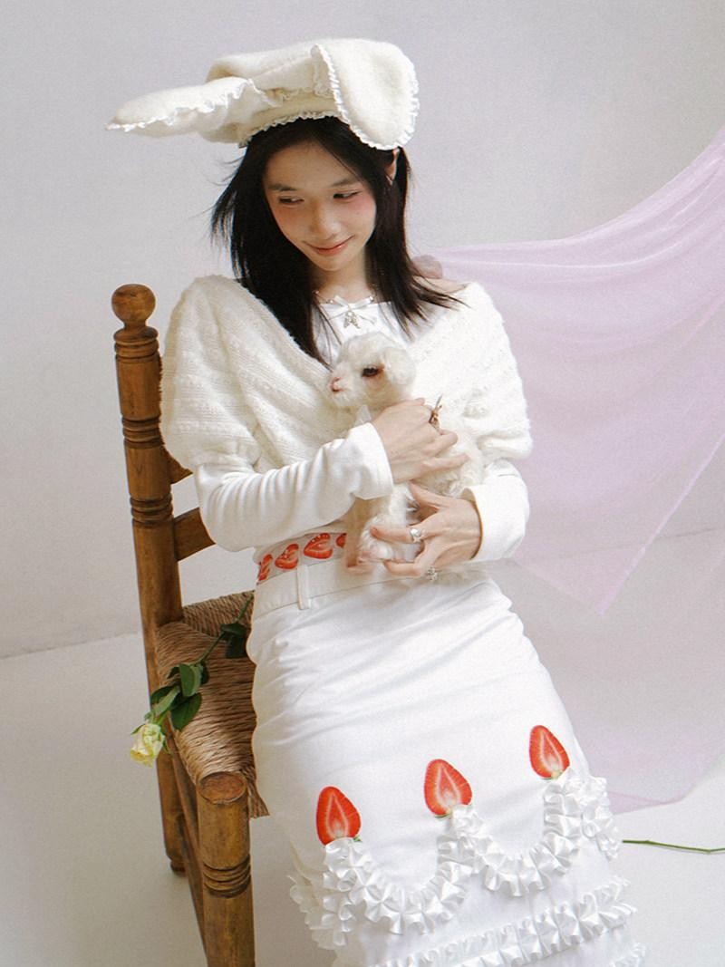 Daytoday White Bow Drape Collar Knit Faux Layered Puff Women&