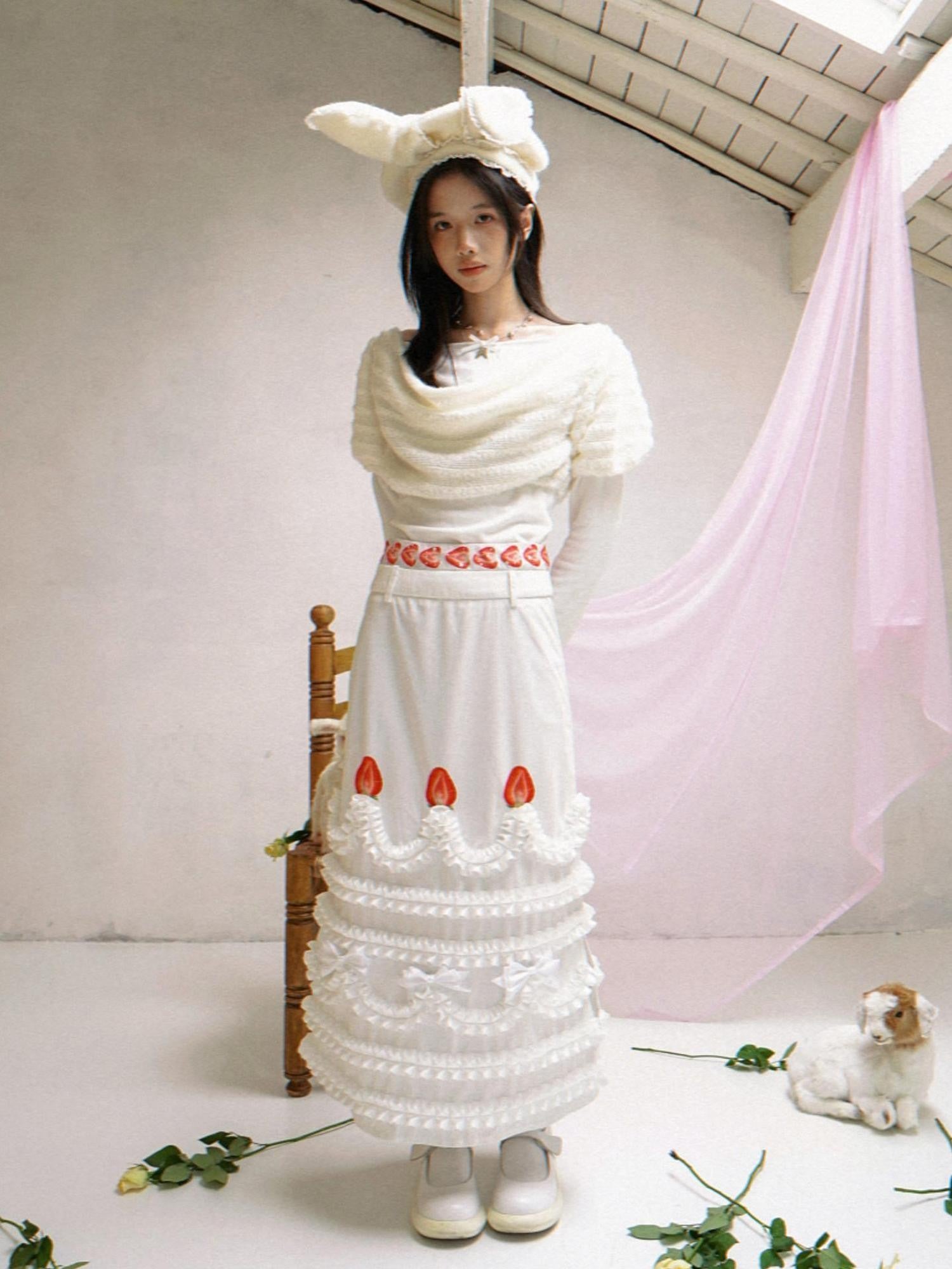 Daytoday White Bow Drape Collar Knit Faux Layered Puff Women&