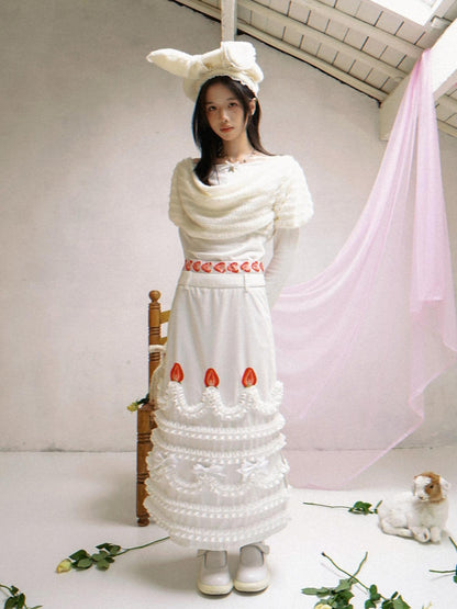 Daytoday White Bow Drape Collar Knit Faux Layered Puff Women&
