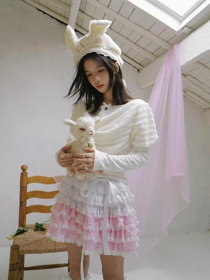 Daytoday White Bow Drape Collar Knit Faux Layered Puff Women&