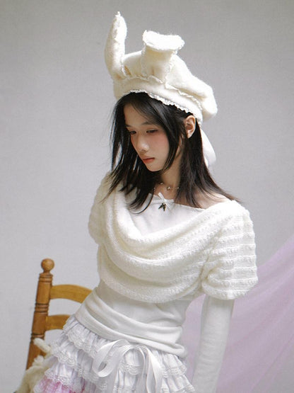 Daytoday White Bow Drape Collar Knit Faux Layered Puff Women&