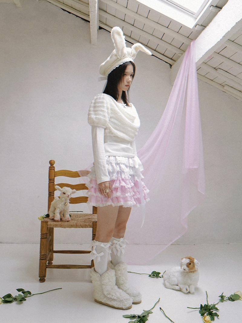 Daytoday White Bow Drape Collar Knit Faux Layered Puff Women&
