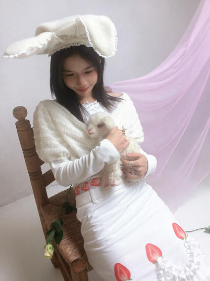 Daytoday White Bow Drape Collar Knit Faux Layered Puff Women&