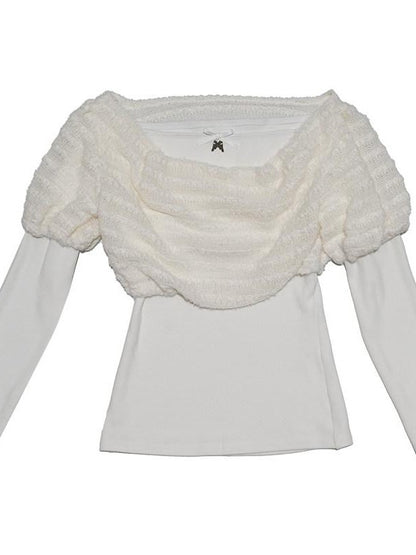 Daytoday White Bow Drape Collar Knit Faux Layered Puff Women&