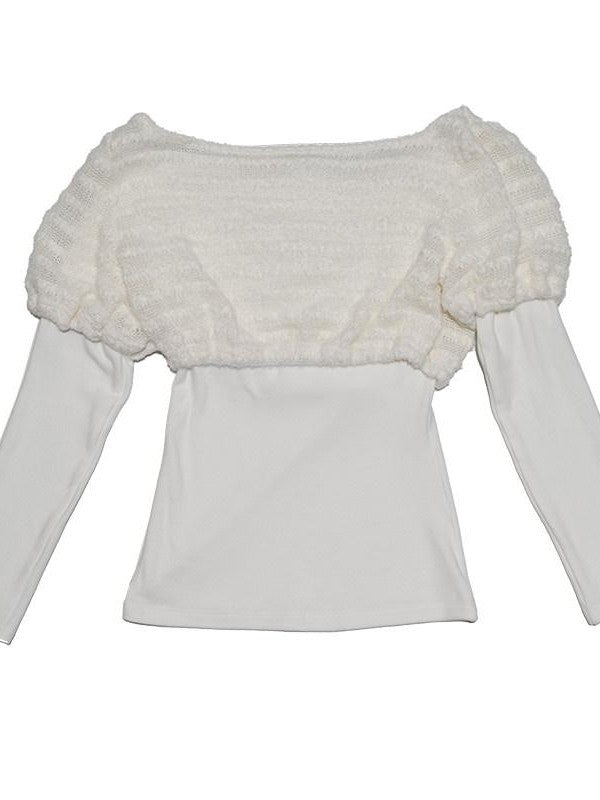 Daytoday White Bow Drape Collar Knit Faux Layered Puff Women&