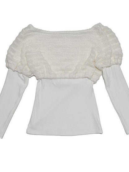 Daytoday White Bow Drape Collar Knit Faux Layered Puff Women&