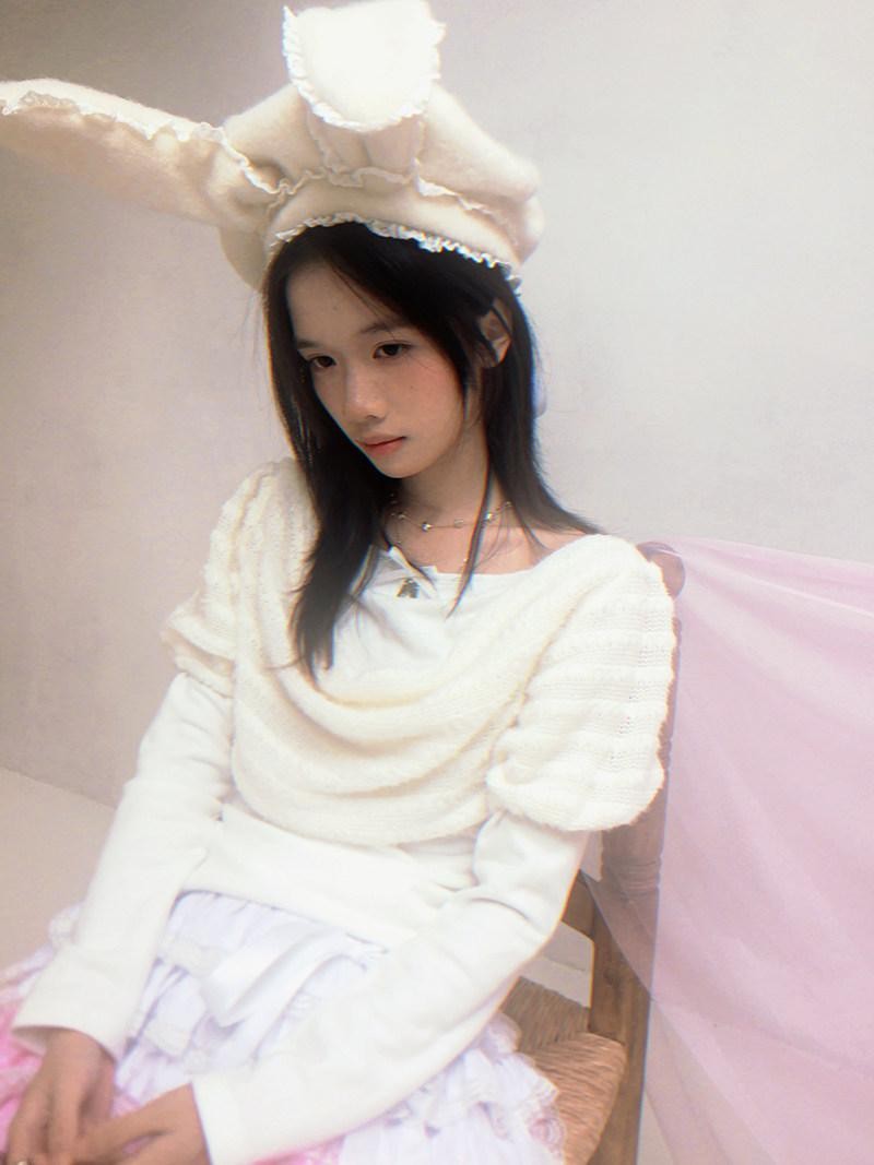 Daytoday White Bow Drape Collar Knit Faux Layered Puff Women&