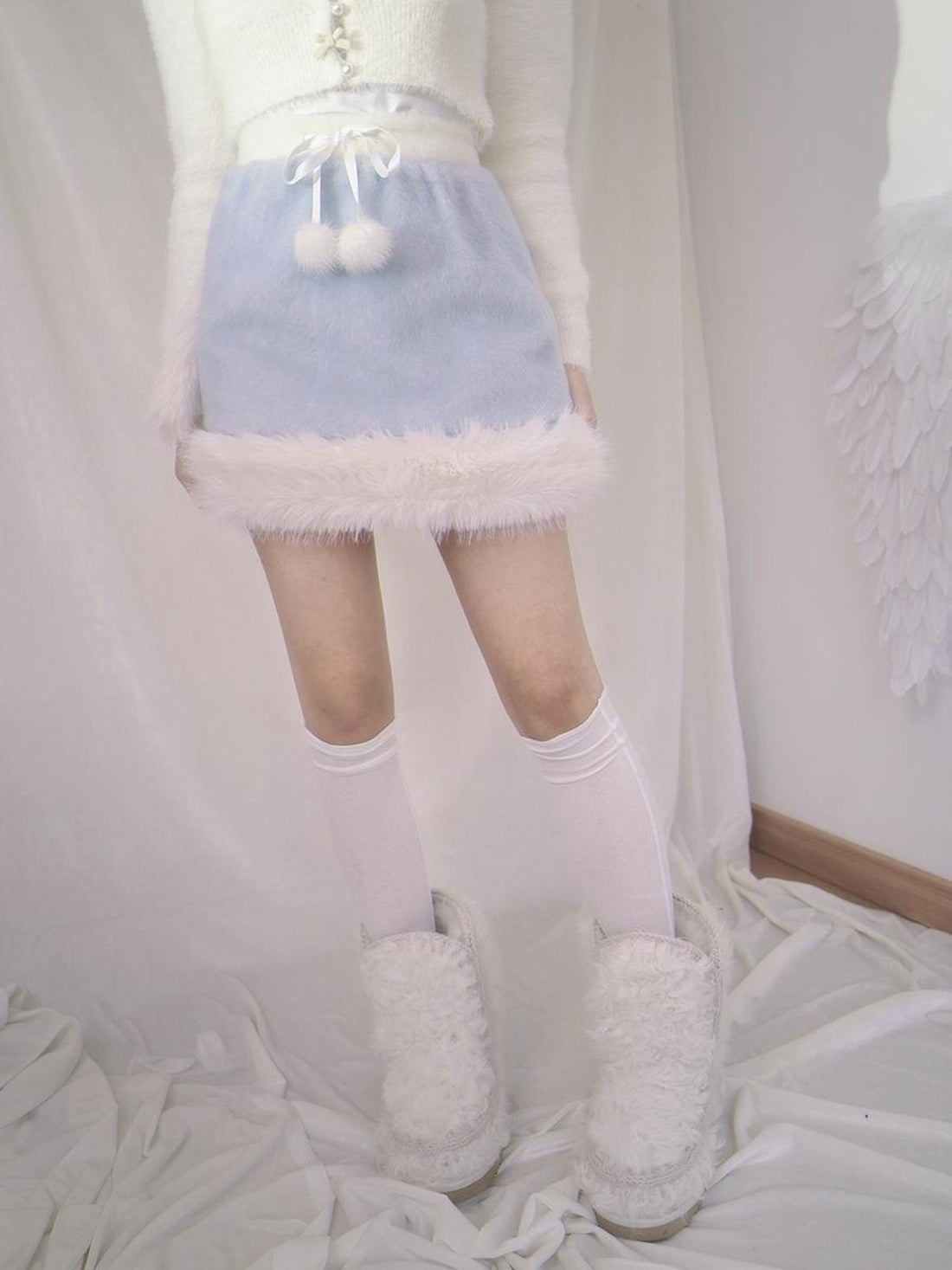 Daytoday Wool Blend Bow Skirt With Puff Ball Trim
