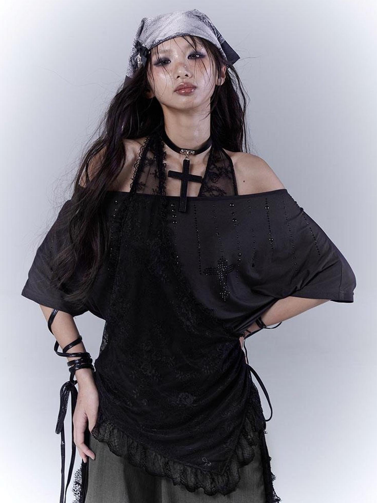 WSW WUSHENWU Dazzling Black Lace Trim Diamond Slim Fit Lazy Style T Shirt
