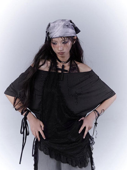 WSW WUSHENWU Dazzling Black Lace Trim Diamond Slim Fit Lazy Style T Shirt