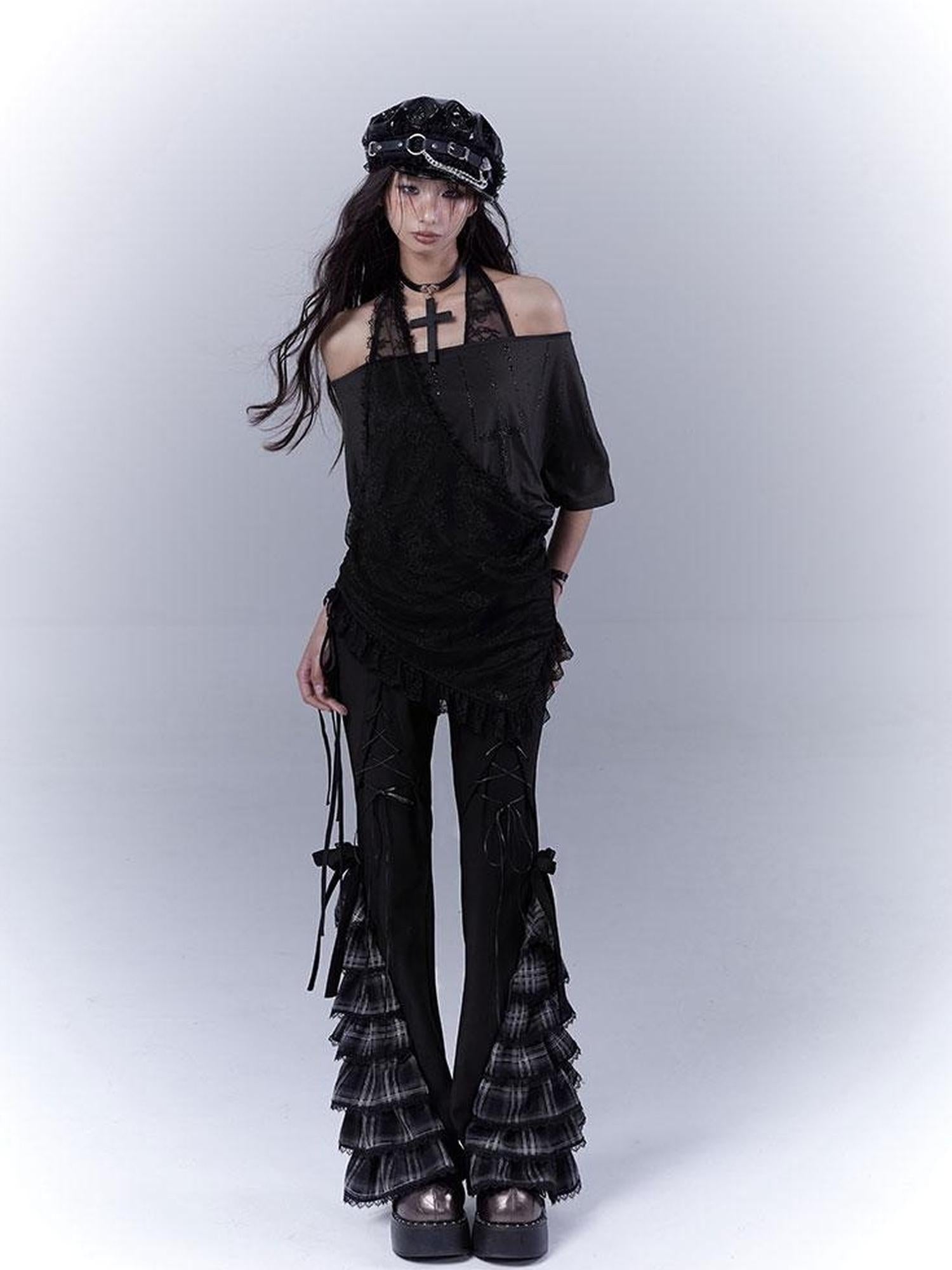 WSW WUSHENWU Dazzling Black Lace Trim Diamond Slim Fit Lazy Style T Shirt