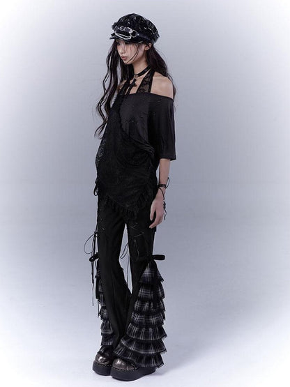 WSW WUSHENWU Dazzling Black Lace Trim Diamond Slim Fit Lazy Style T Shirt
