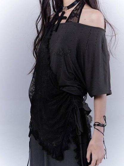 WSW WUSHENWU Dazzling Black Lace Trim Diamond Slim Fit Lazy Style T Shirt