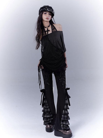 WSW WUSHENWU Dazzling Black Lace Trim Diamond Slim Fit Lazy Style T Shirt