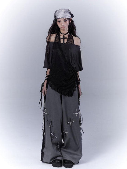 WSW WUSHENWU Dazzling Black Lace Trim Diamond Slim Fit Lazy Style T Shirt