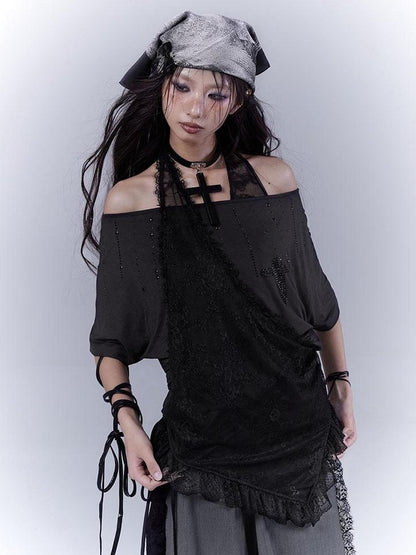 WSW WUSHENWU Dazzling Black Lace Trim Diamond Slim Fit Lazy Style T Shirt
