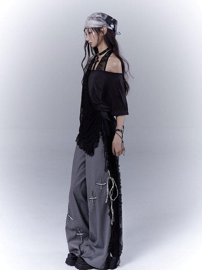 WSW WUSHENWU Dazzling Black Lace Trim Diamond Slim Fit Lazy Style T Shirt