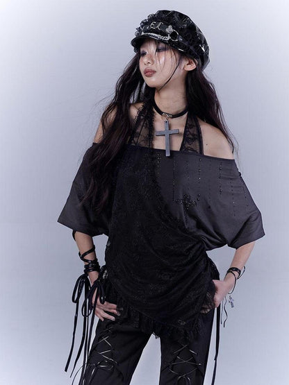 WSW WUSHENWU Dazzling Black Lace Trim Diamond Slim Fit Lazy Style T Shirt