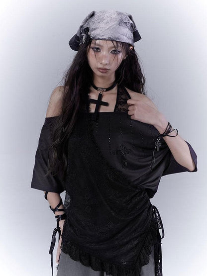 WSW WUSHENWU Dazzling Black Lace Trim Diamond Slim Fit Lazy Style T Shirt