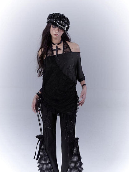 WSW WUSHENWU Dazzling Black Lace Trim Diamond Slim Fit Lazy Style T Shirt