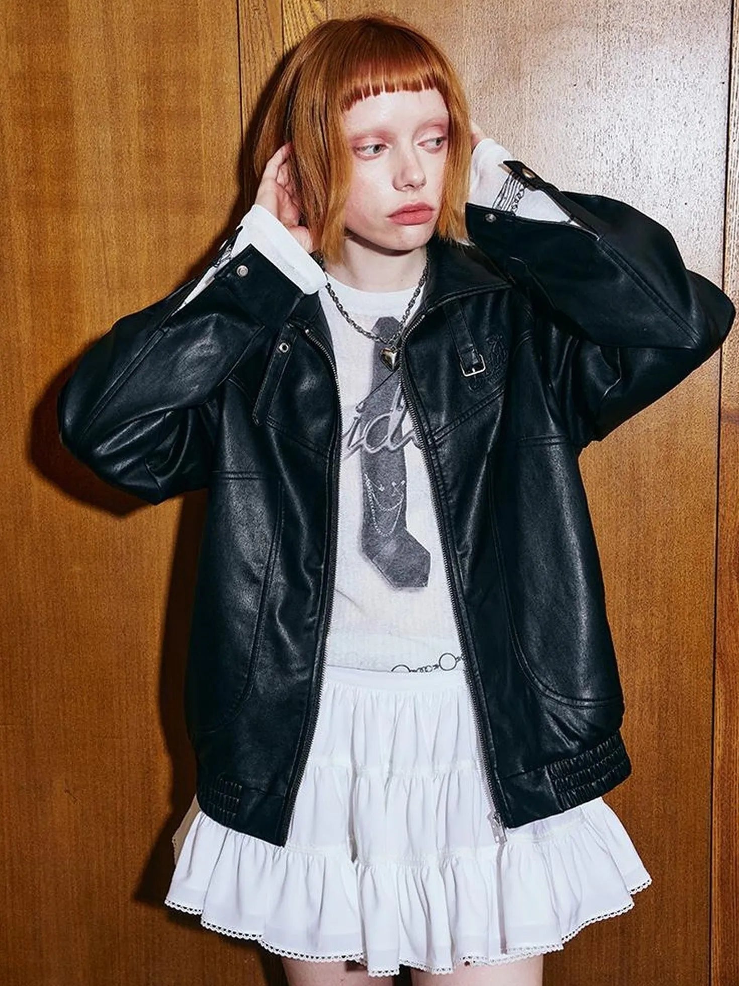 Deconstructed Bow Embroidered Oversized Pu Leather Jacket