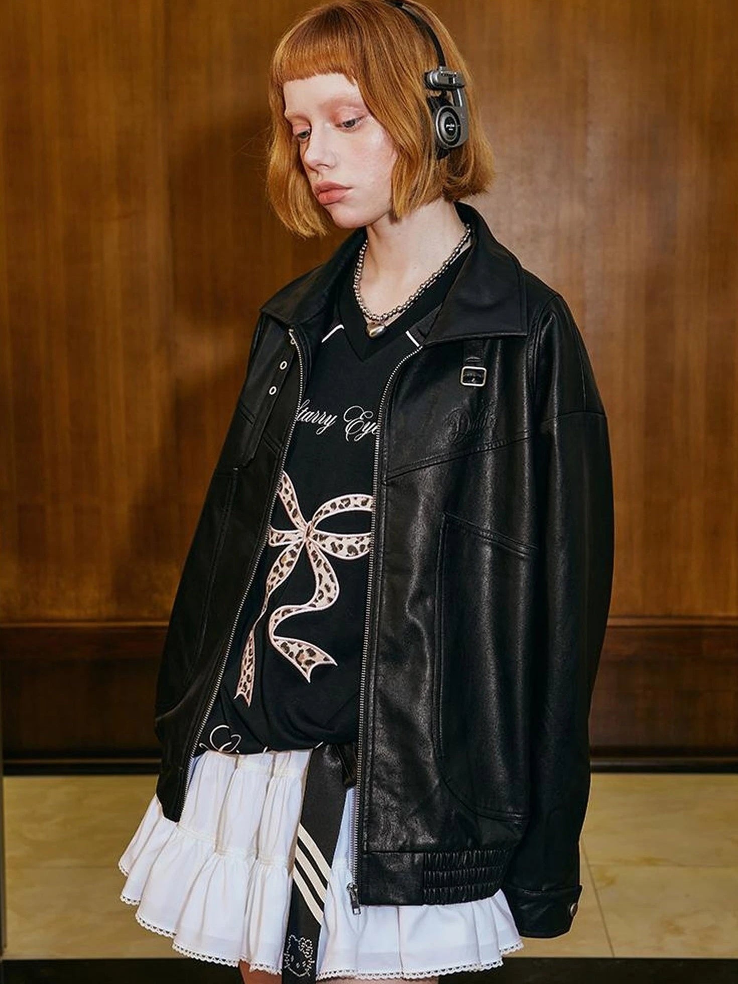 Deconstructed Bow Embroidered Oversized Pu Leather Jacket