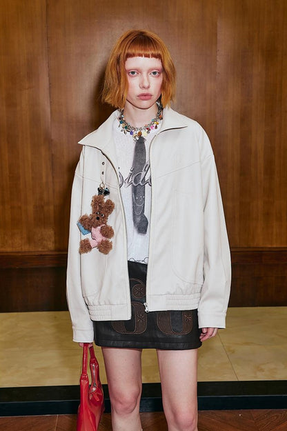 DIDDI MODA Deconstructed Bow Embroidered Oversized Pu Leather Jacket