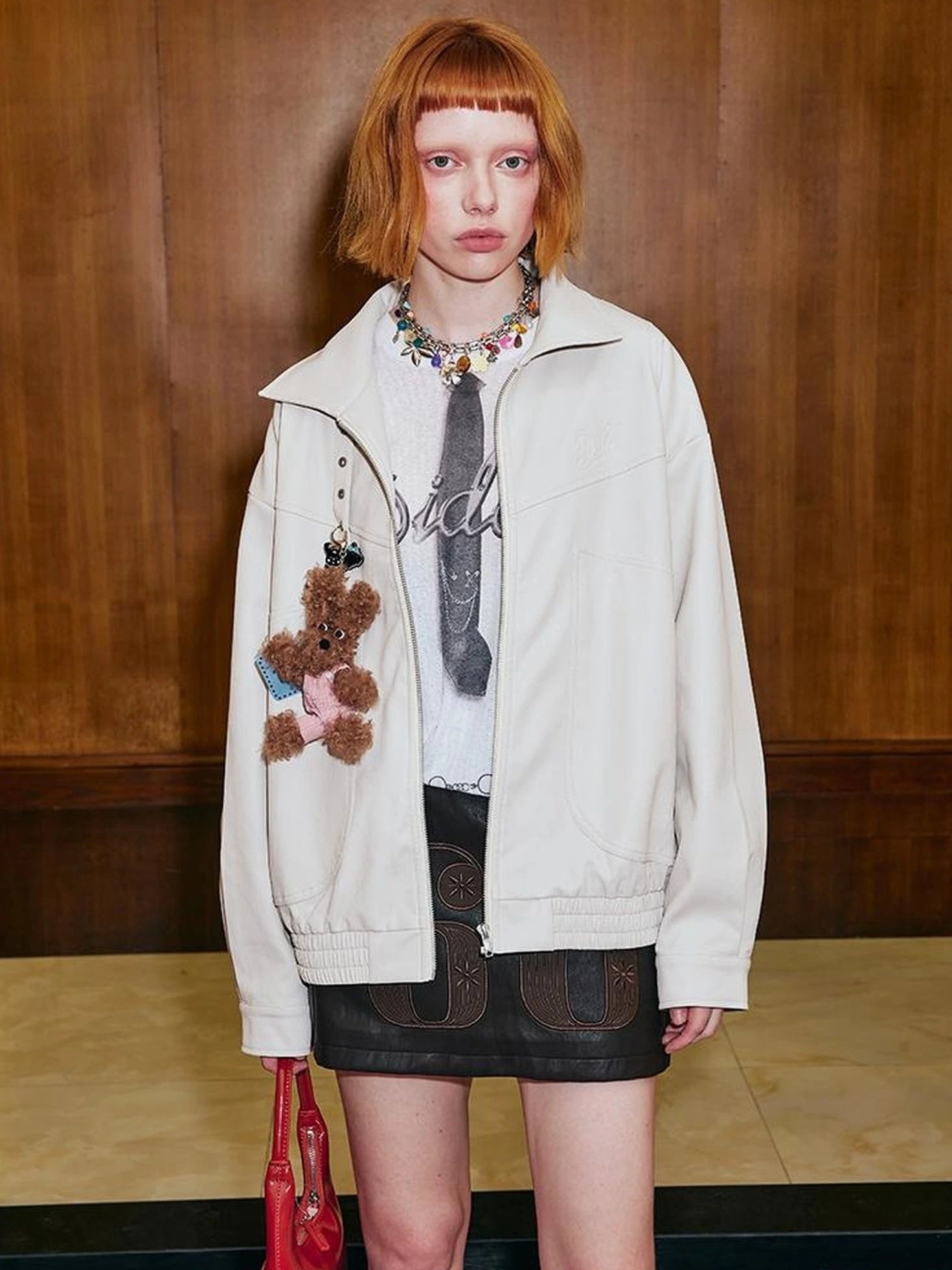 Deconstructed Bow Embroidered Oversized Pu Leather Jacket