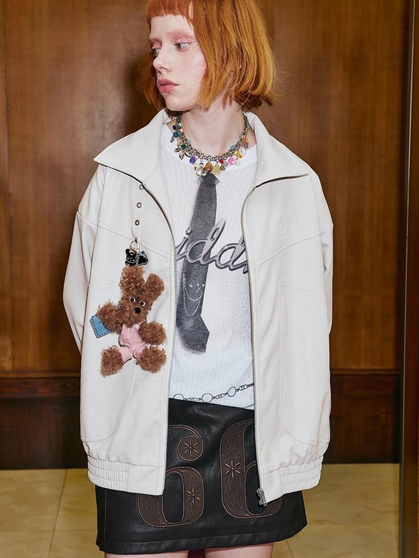 Deconstructed Bow Embroidered Oversized Pu Leather Jacket