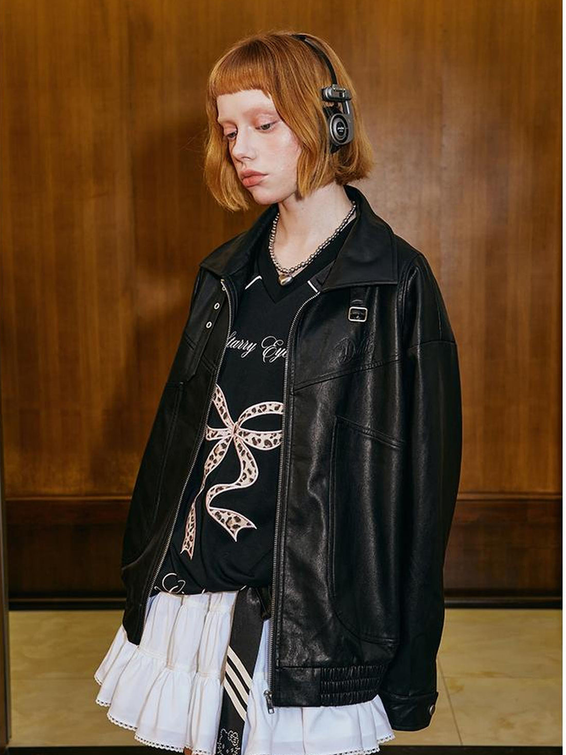 DIDDI MODA Deconstructed Bow Embroidered Oversized Pu Leather Jacket