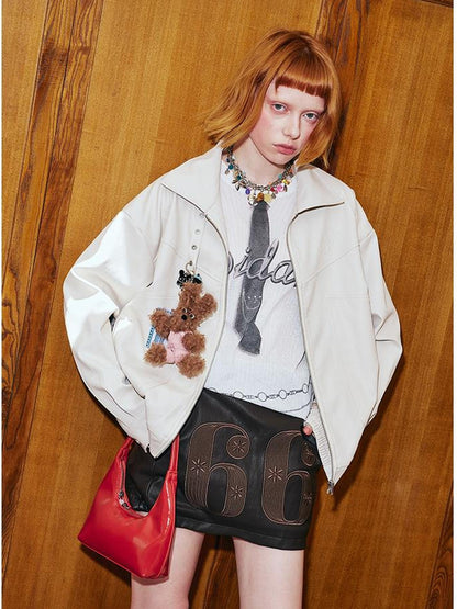 DIDDI MODA Deconstructed Bow Embroidered Oversized Pu Leather Jacket
