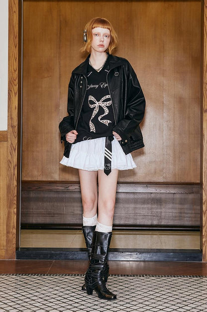 DIDDI MODA Deconstructed Bow Embroidered Oversized Pu Leather Jacket