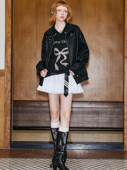 Deconstructed Bow Embroidered Oversized Pu Leather Jacket