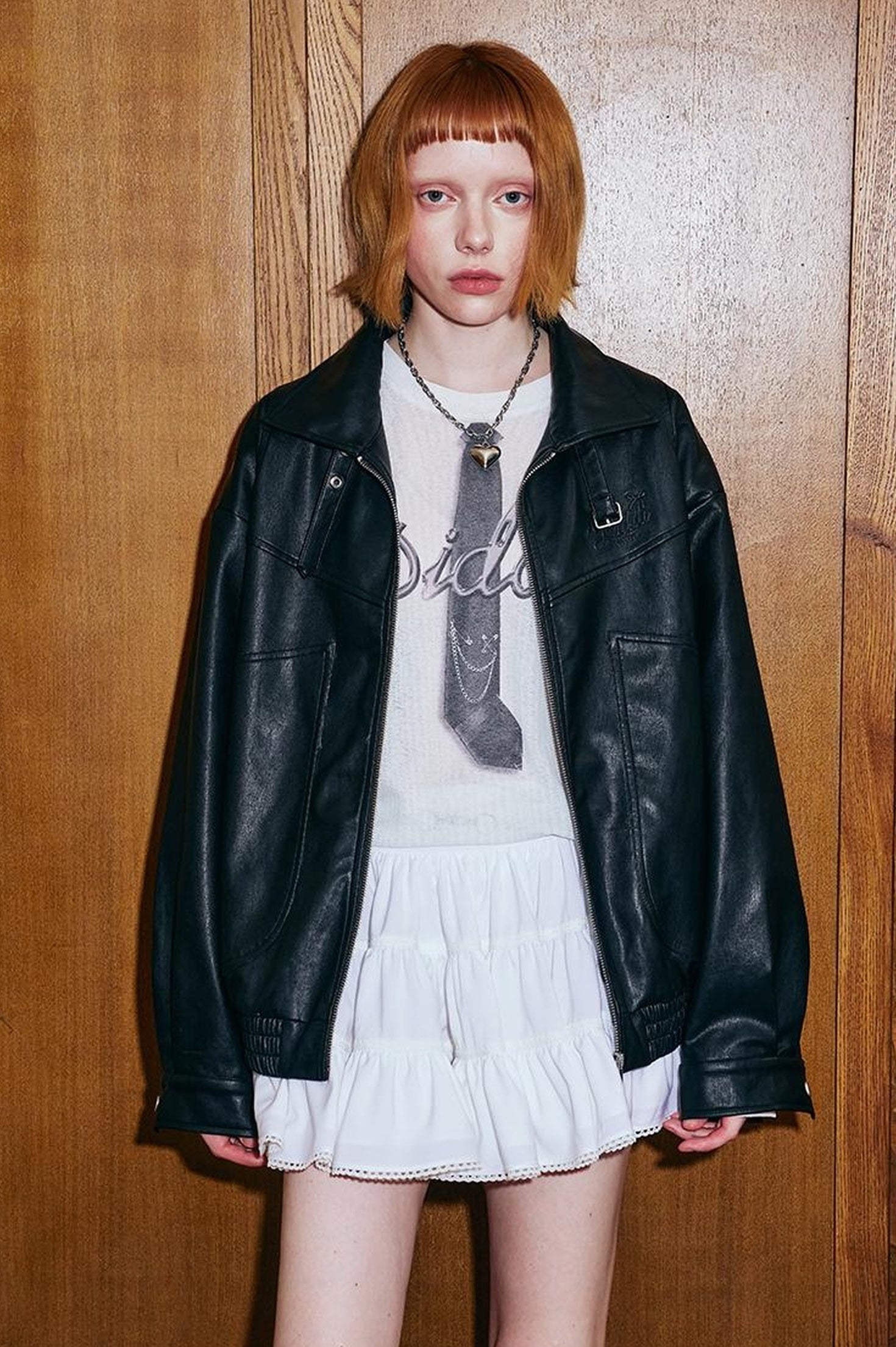 DIDDI MODA Deconstructed Bow Embroidered Oversized Pu Leather Jacket