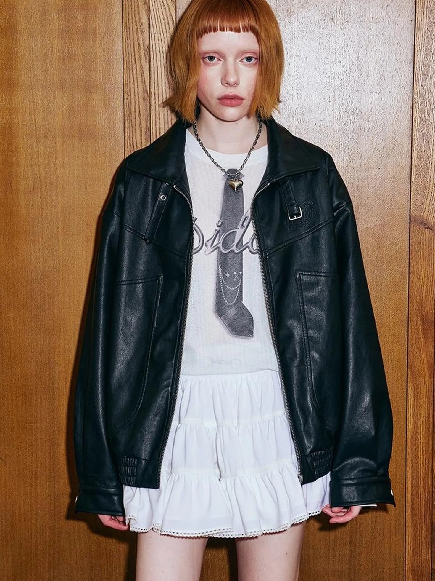 Deconstructed Bow Embroidered Oversized Pu Leather Jacket