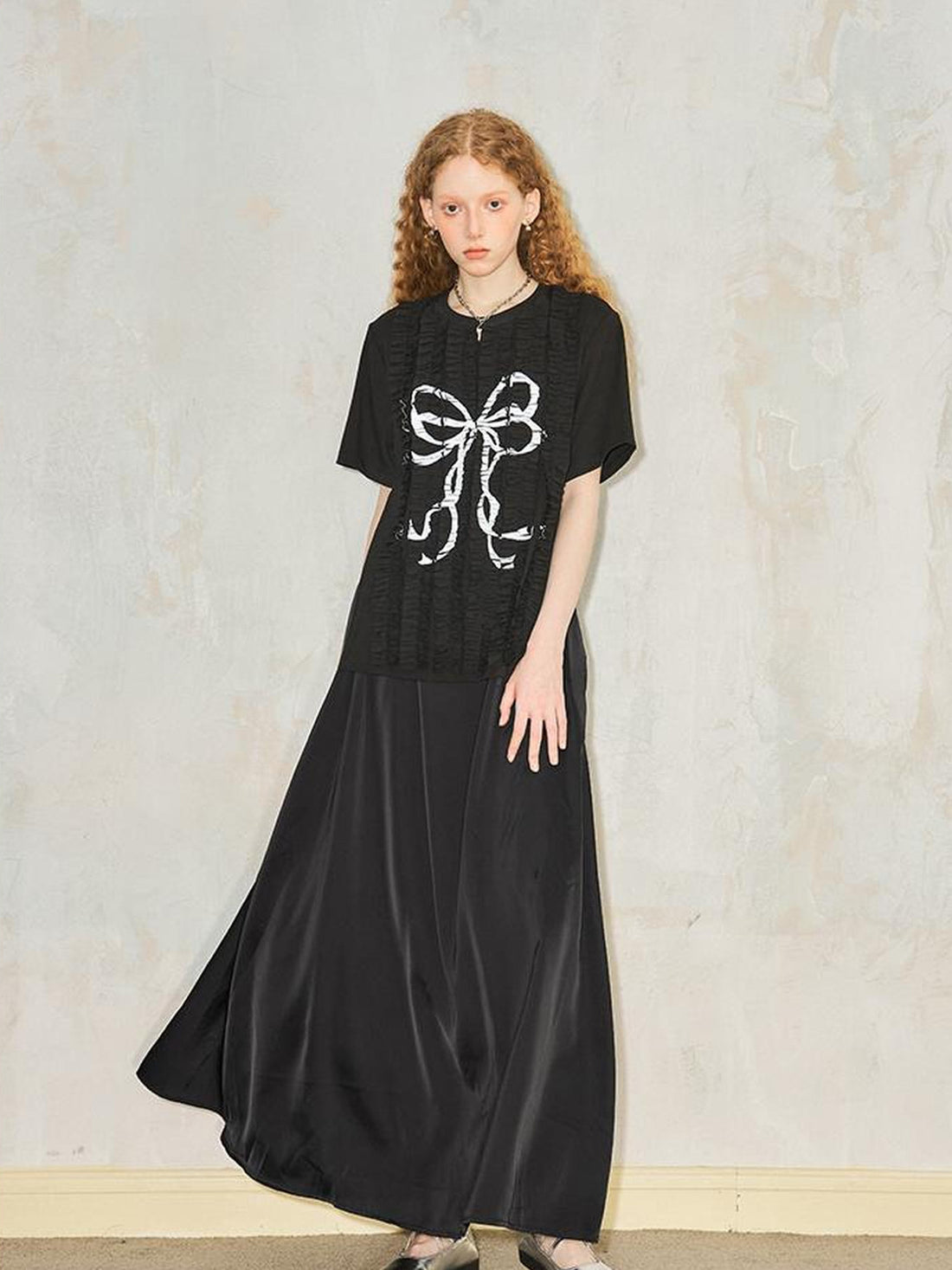 DIDDI MODA Deconstructed Bow Pleat Print Tee Dress