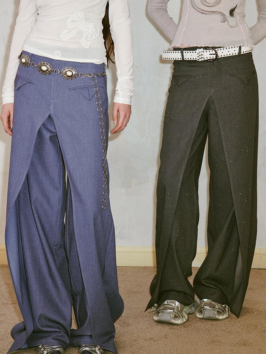 Deconstructed Glittery Wide Leg Banana Pants With Asymmetrical Panels