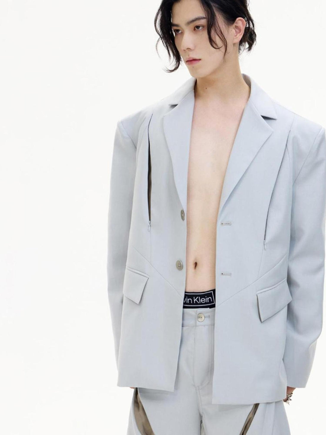 Peoplesense Deconstructed Grey Suit Jacket With Relaxed Fit For Spring Fall