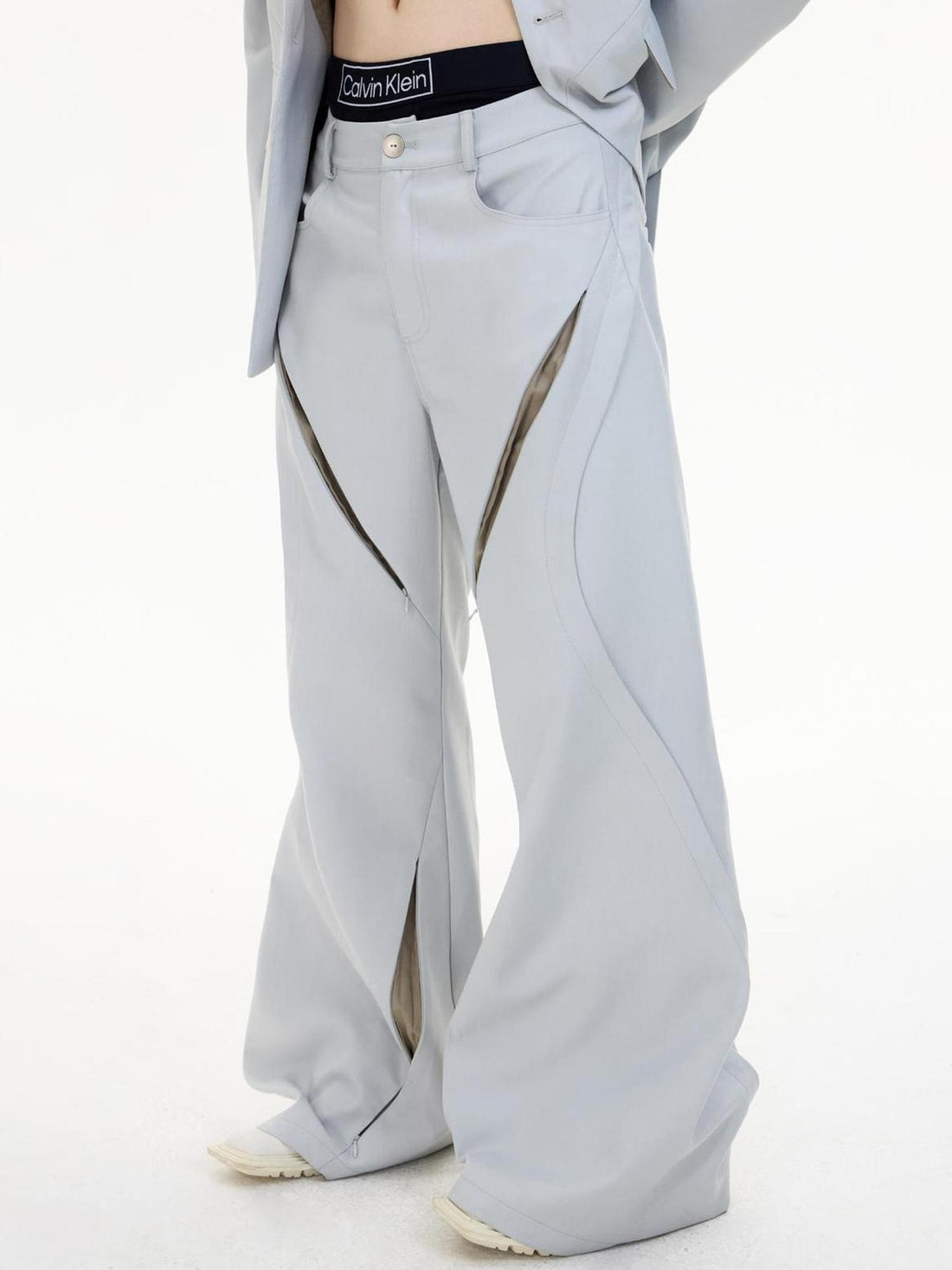 Peoplesense Deconstructed Grey Tapered Wide Leg Trousers With Micro Flare