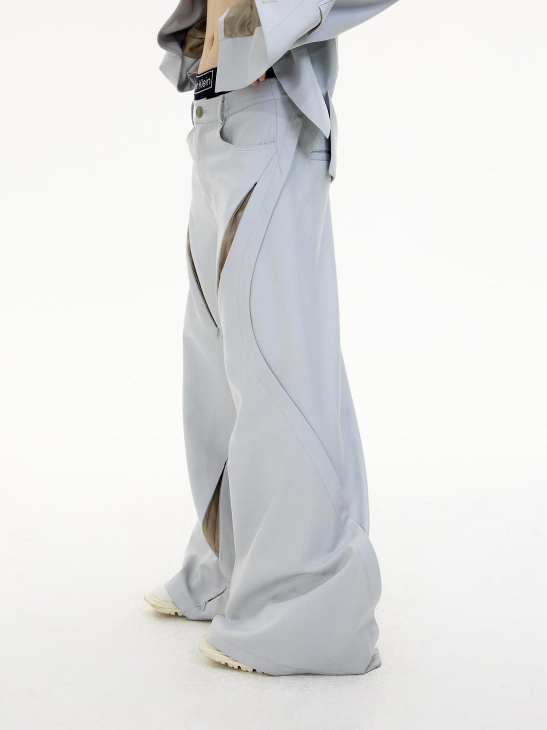 Peoplesense Deconstructed Grey Tapered Wide Leg Trousers With Micro Flare