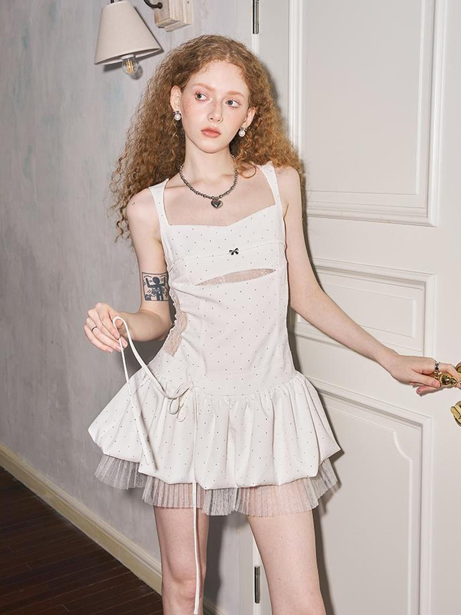 DIDDI MODA Deconstructed Lace Bloom Mini Dress With Crystal Embellishment