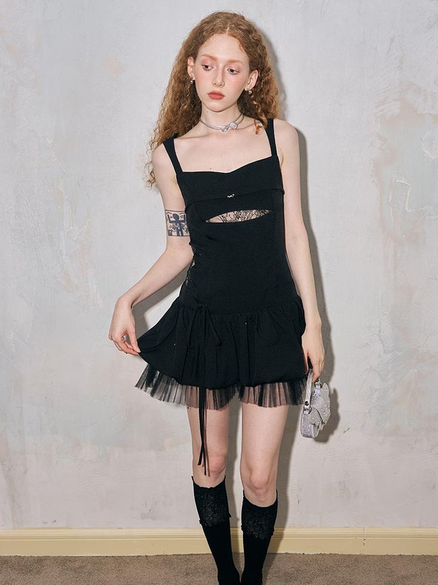 DIDDI MODA Deconstructed Lace Bloom Mini Dress With Crystal Embellishment