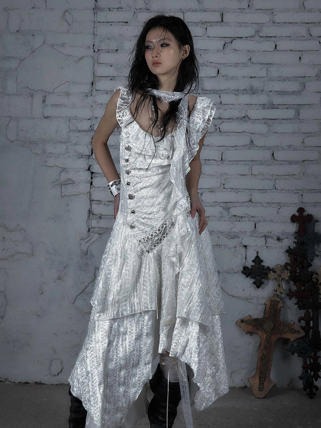Deconstructed Ruffled Lace Velvet Ballet Strappy Dress