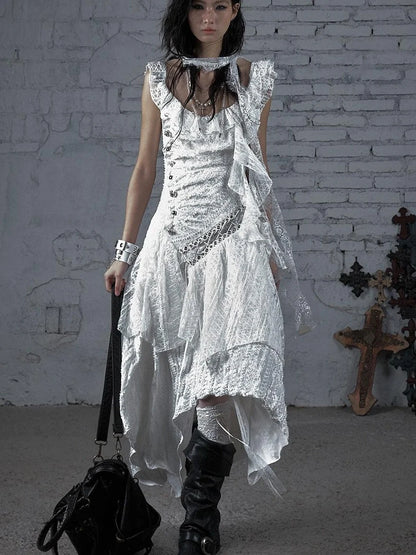 Deconstructed Ruffled Lace Velvet Ballet Strappy Dress