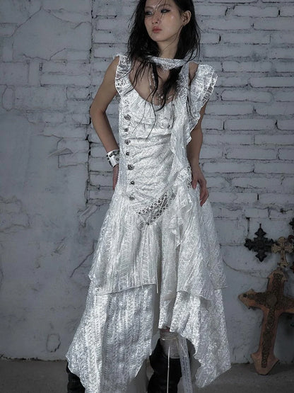 Deconstructed Ruffled Lace Velvet Ballet Strappy Dress