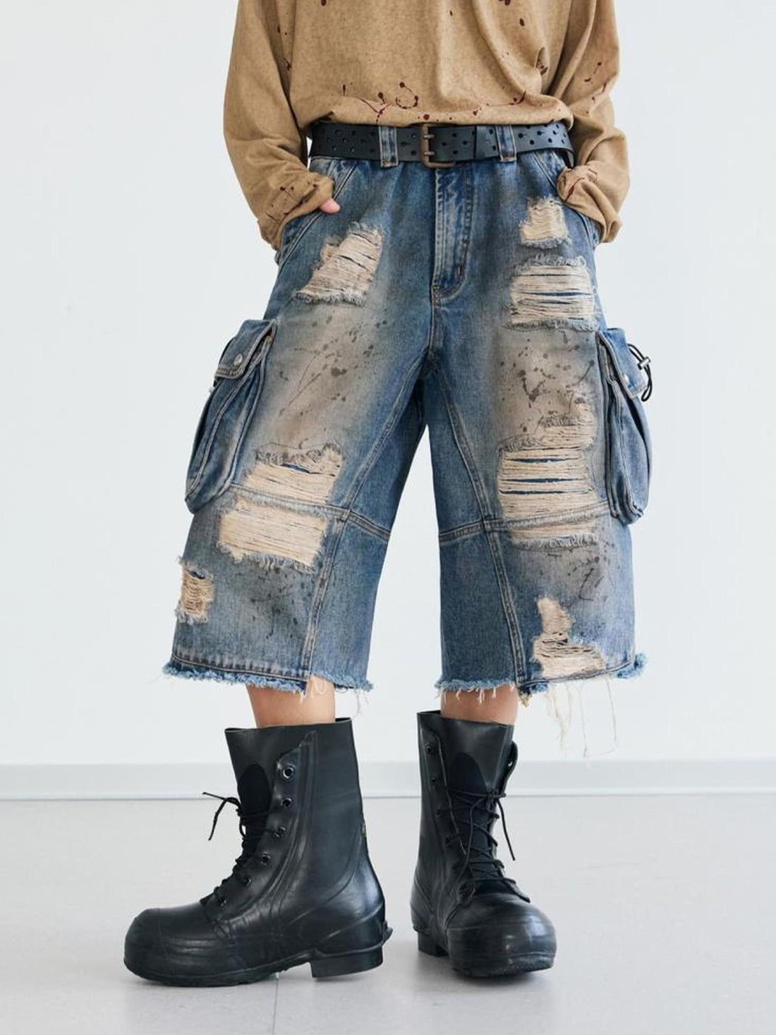 Peoplesense Deconstructed Washed Ripped Cropped Denim Trousers
