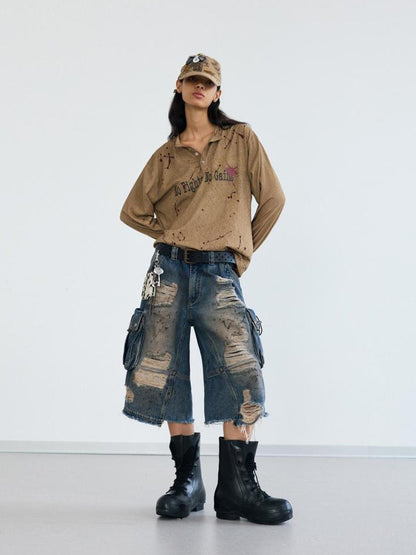 Peoplesense Deconstructed Washed Ripped Cropped Denim Trousers