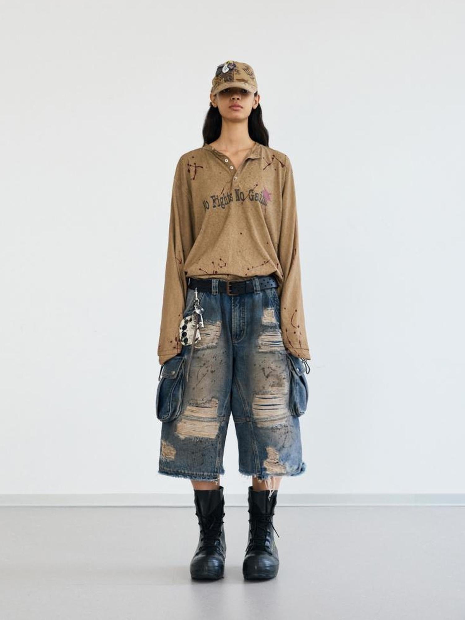 Peoplesense Deconstructed Washed Ripped Cropped Denim Trousers