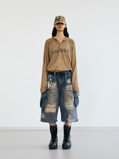 Peoplesense Deconstructed Washed Ripped Cropped Denim Trousers